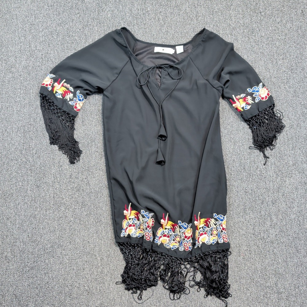 Rancho Estancia Boho Western Embroidered Fringe Shift Dress Small Black Tassel